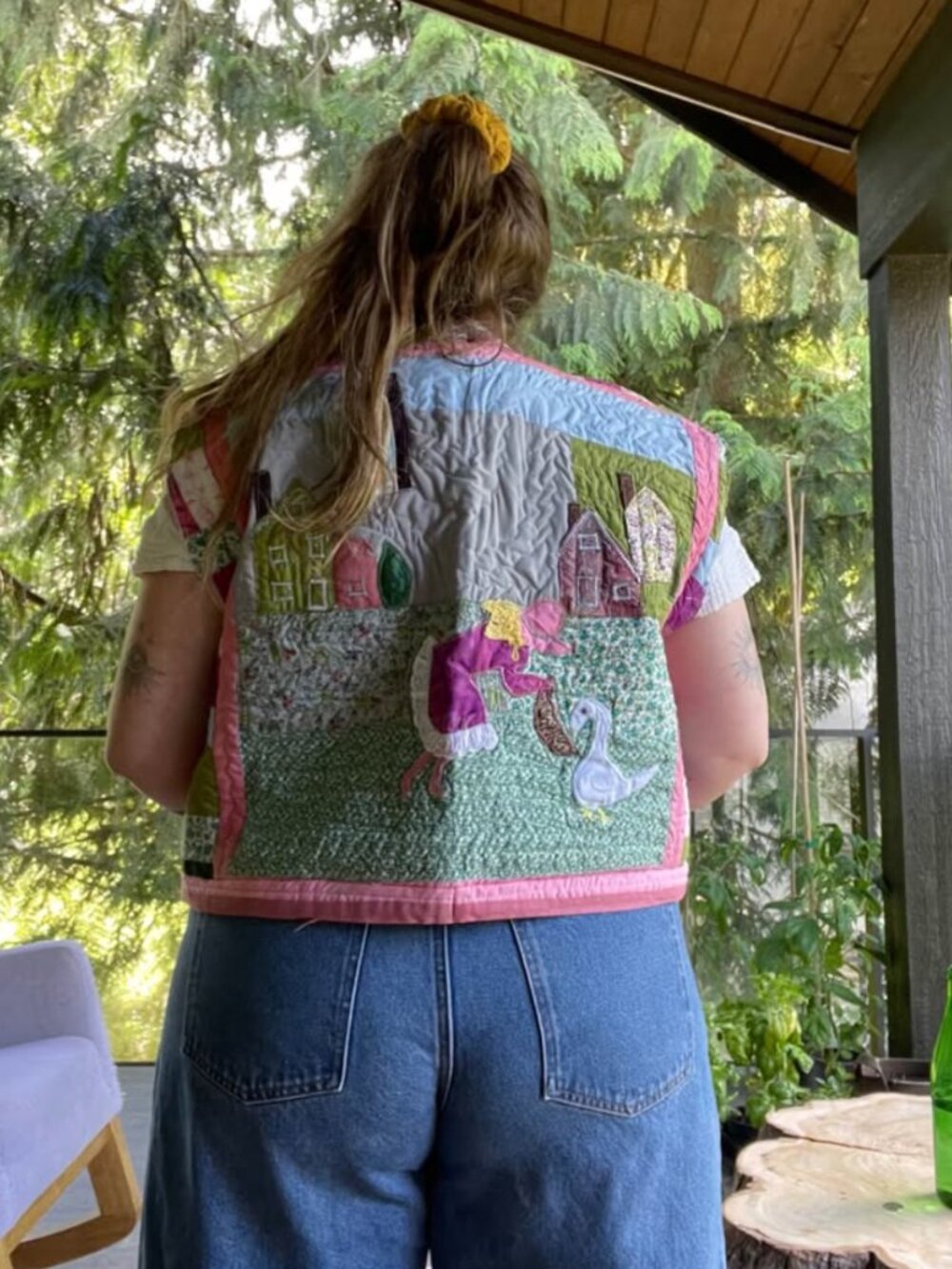 1. Handmade colourful patchwork “girl & goose” quilted vest OS
